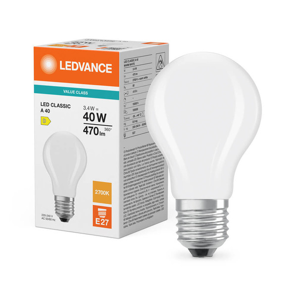 LEDVANCE LED Lampe E27 Classic Filament P matt A40 3.4W 470lm Warmweiss 2700K wie 40W 4099854465611