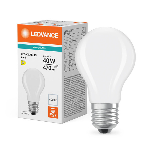 LEDVANCE LED Lampe E27 Classic Filament P matt A40 3.4W 470lm Neutralweiss 4000K wie 40W 4099854465871