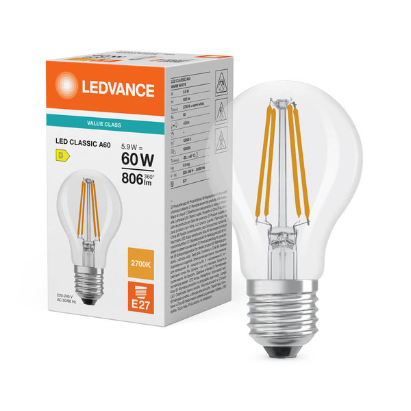 LEDVANCE LED Lampe E27 Classic Filament P A60 5.9W 806lm Warmweiss 2700K wie 60W 4099854465970