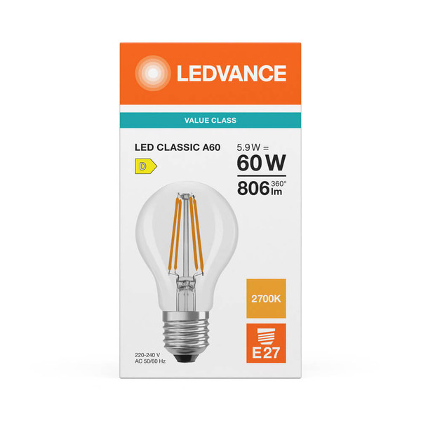 LEDVANCE LED Lampe E27 Classic Filament P A60 5.9W 806lm Warmweiss 2700K wie 60W 4099854465970
