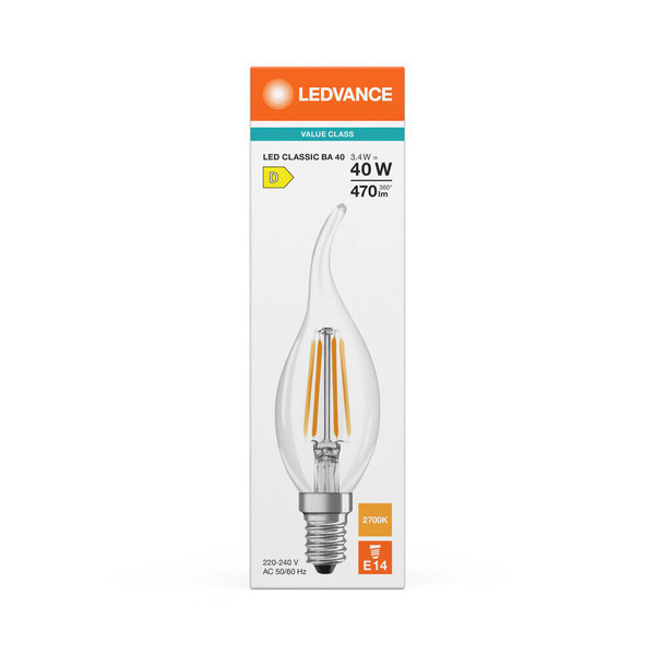 LEDVANCE LED Lampe E14 Classic BA Filament P BA40 3.4W 470lm Warmweiss 2700K wie 40W 4099854466793