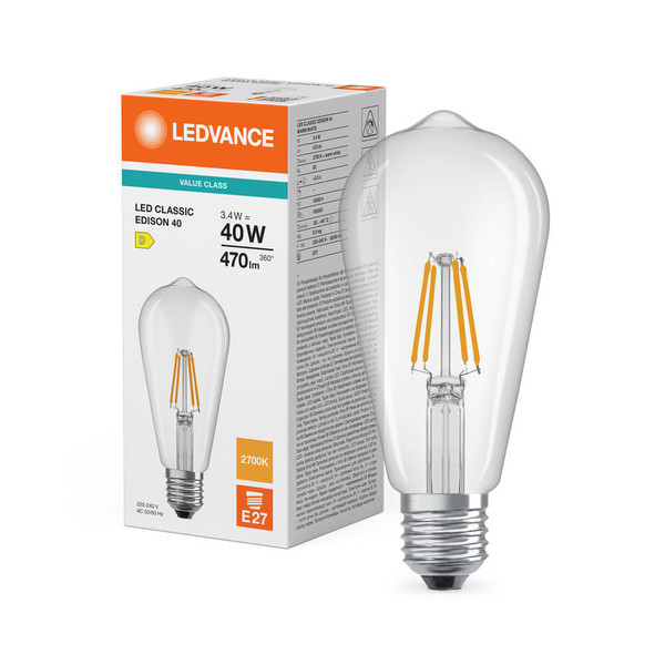 LEDVANCE LED Lampe E27 Classic Edison Filament P ST64 3.4W 470lm Warmweiss 2700K wie 40W 4099854467417