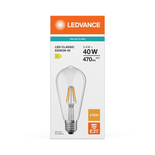LEDVANCE LED Lampe E27 Classic Edison Filament P ST64 3.4W 470lm Warmweiss 2700K wie 40W 4099854467417