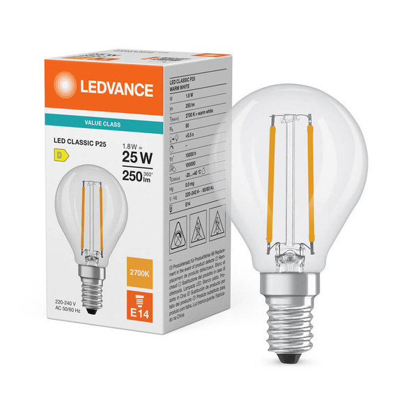 LEDVANCE LED Lampe E14 Classic Filament P P25 1.8W 250lm Warmweiss 2700K wie 25W 4099854468117