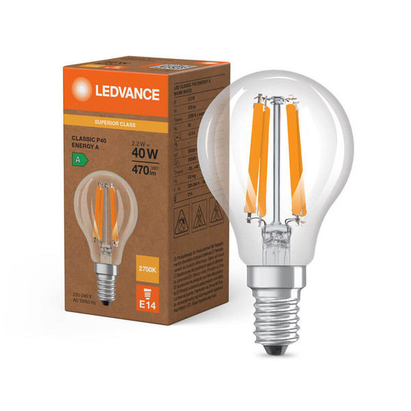 LEDVANCE LED Lampe E14 Classic Filament S P40 2.2W 470lm Warmweiss 2700K wie 40W höchste Effizienzklasse A 4099854477546