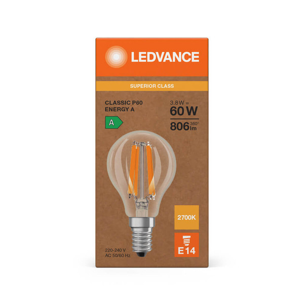 LEDVANCE LED Lampe E14 Classic Filament S P60 3.8W 806lm Warmweiss 2700K wie 60W höchste Effizienzklasse A 4099854477607