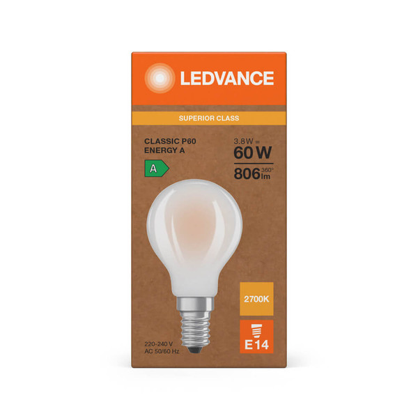 LEDVANCE LED Lampe E14 Classic Filament S matt P60 3.8W 806lm Warmweiss 2700K wie 60W höchste Effizienzklasse A 4099854477744