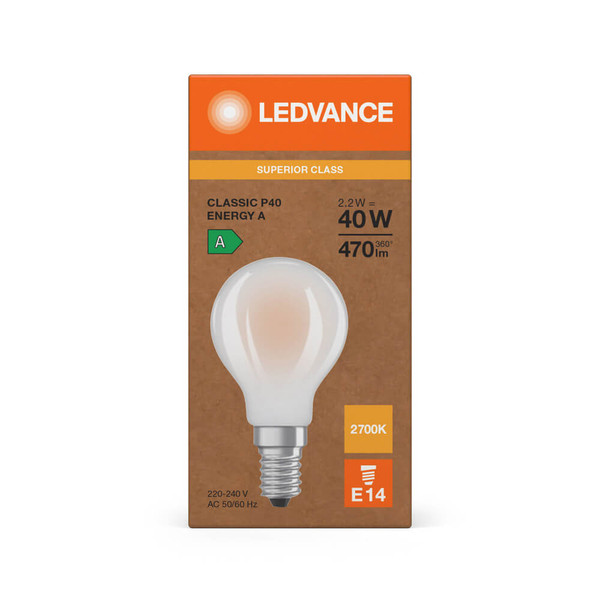 LEDVANCE LED Lampe E14 Classic Filament S matt P40 2.2W 470lm Warmweiss 2700K wie 40W höchste Effizienzklasse A 4099854478291