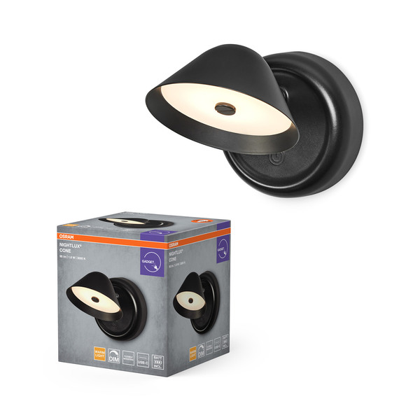 OSRAM LED Wandleuchte NIGHTLUX CONE 830 DIM USB Black Dimmbar Warm weiß 4099854478789