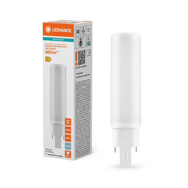 LEDVANCE LED Lampe G24q-1 Dulux D/E13 HF & AC Mains Value matt 6W 660lm Tageslichtweiss 6500K wie 13W nur für direkt 230V 4099854501593