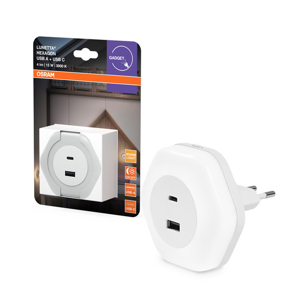 OSRAM LED Nachtlicht Lunetta Hexagon USB A&C 830 White Warm weiß 4099854532238