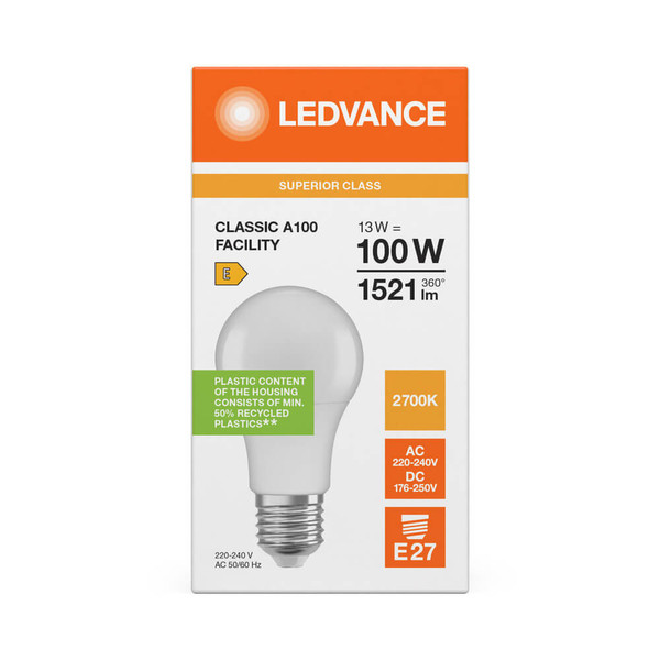 LEDVANCE LED Lampe E27 Classic Facility S matt AC/DC A100 13W 1521lm Warmweiss 2700K wie 100W 4099854770715