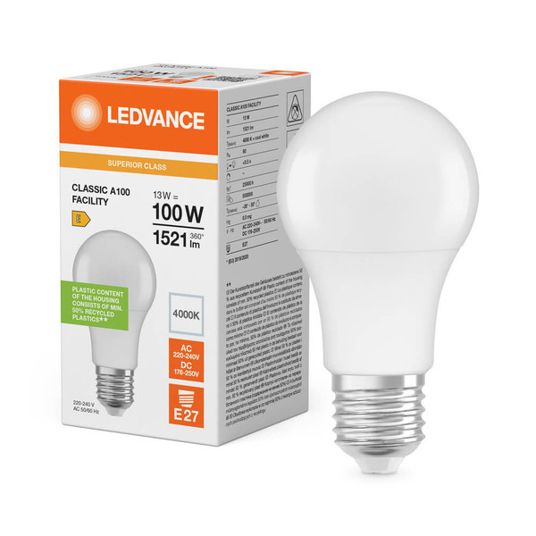LEDVANCE LED Lampe E27 Classic Facility S matt AC/DC A100 13W 1521lm Neutralweiss 4000K wie 100W 4099854770739