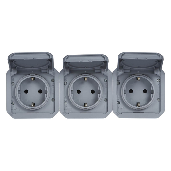 Legrand PLEXO New Einsatz, Feuchtraum Steckdose, 3-fach, Schutzkontakt-St., inkl. Klappdeckel, Berührungsschutz, vorverdrahtet, horizontal, IP55/IP44 grau, 069578L