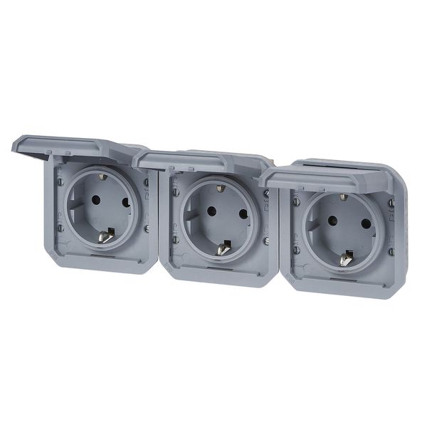 Legrand PLEXO New Einsatz, Feuchtraum Steckdose, 3-fach, Schutzkontakt-St., inkl. Klappdeckel, Berührungsschutz, vorverdrahtet, horizontal, IP55/IP44 grau, 069578L