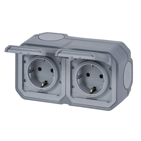 Legrand PLEXO New Feuchtraum Steckdose, 2-fach inklusive Klappdeckel, Berührungsschutz, vorverdrahtet, Steckklemmen, horizontal, IP44 grau, 069742L