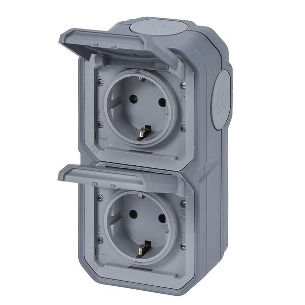 Legrand PLEXO New Feuchtraum Steckdose, 2-fach inklusive Klappdeckel, Berührungsschutz, Steckklemmen, vorverdrahtet, vertikal, IP44 grau, 069744L