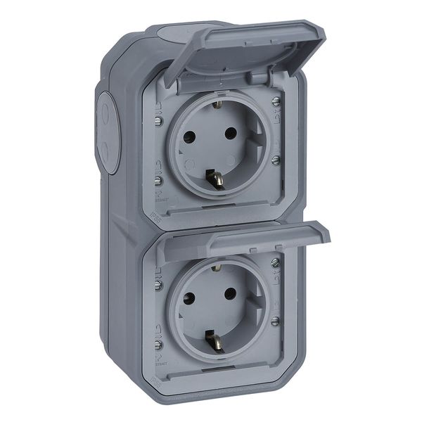 Legrand PLEXO New Feuchtraum Steckdose, 2-fach inklusive Klappdeckel, Berührungsschutz, Steckklemmen, vorverdrahtet, vertikal, IP44 grau, 069744L