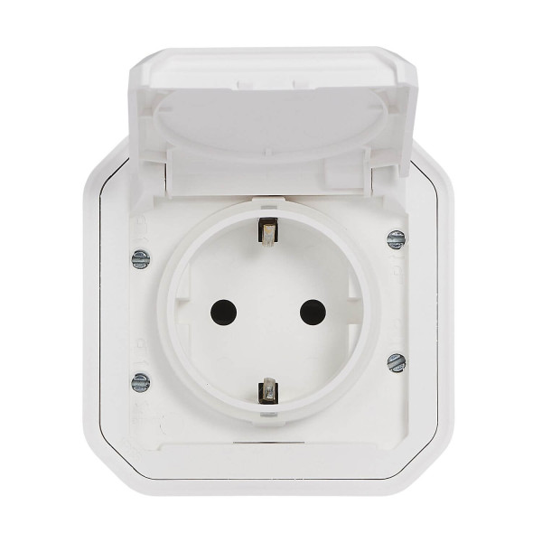 Legrand PLEXO New Feuchtraum-Aufputz-Steckdose, inklusive Klappdeckel, Berührungsschutz, Steckklemmen, 16A, IP44 IK07 Weiß, 069770L