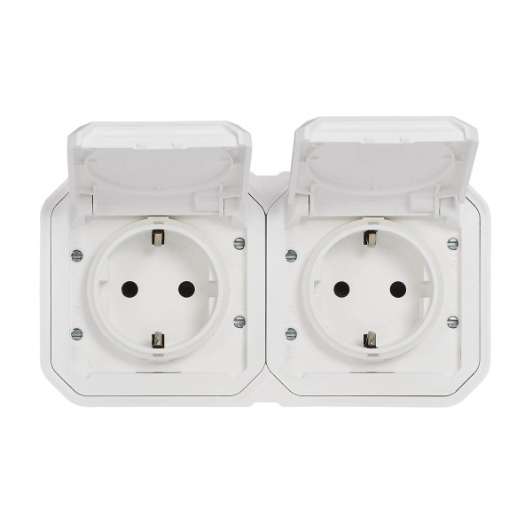 Legrand PLEXO New Feuchtraum-Steckdose, 2-fach, inklusive Klappdeckel, Berührungsschutz, vorverdrahtet, Steckklemmen, horizontal, IP44 IK07 Weiß, 069772L