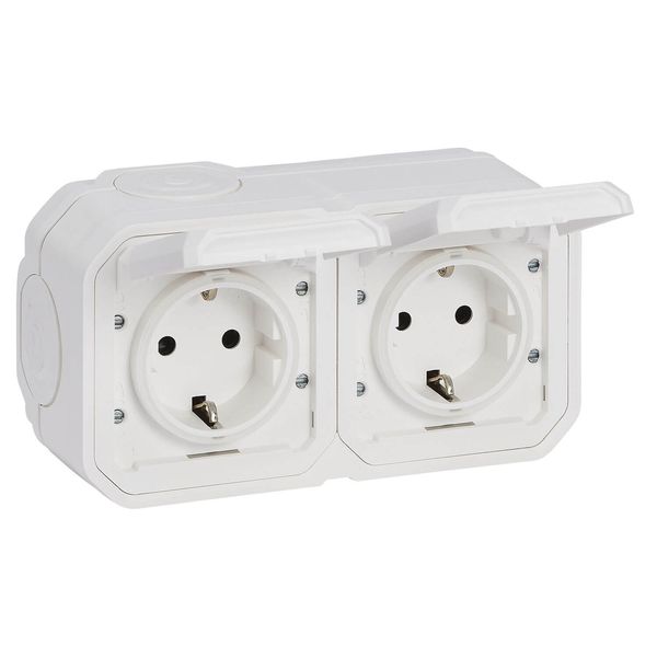 Legrand PLEXO New Feuchtraum-Steckdose, 2-fach, inklusive Klappdeckel, Berührungsschutz, vorverdrahtet, Steckklemmen, horizontal, IP44 IK07 Weiß, 069772L