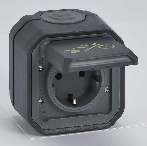 Legrand PLEXO New Feuchtraum Steckdose, Aufladung von E-Bikes & Elektrozweirädern inkl. Klappdeckel + Fahrrad-Markierung 16A, anthrazit 069784L