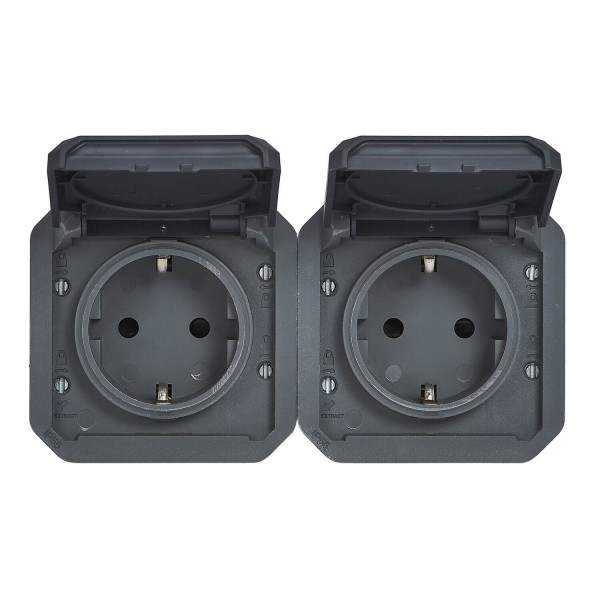 Legrand PLEXO New Einsatz, Feuchtraum Steckdose, 2-fach, Schutzkontakt-Stand., inkl. Klappdeckel, Berührungsschutz, vorverdrahtet, horizontal, IP55/IP44 anthrazit 069879L