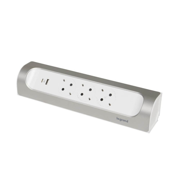 Legrand Ecksteckdosenleiste 3x Steckdose, USB-A, USB-C, ohne Kabel Ultraweiß/Aluminium 694504