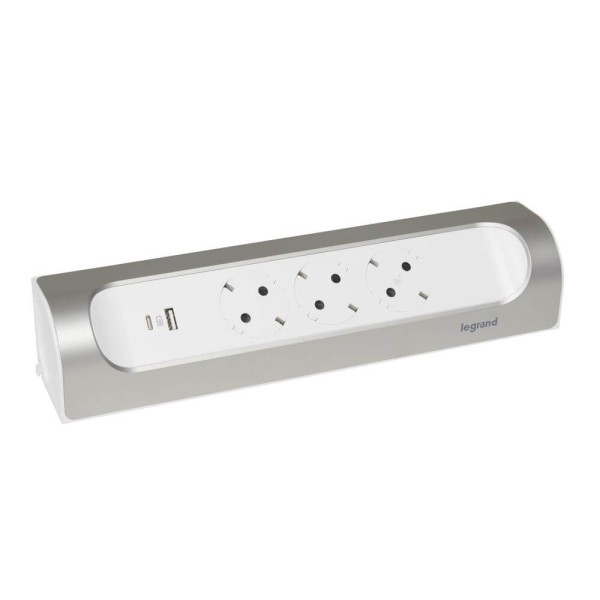 Legrand Ecksteckdosenleiste 3x Steckdose, USB-A, USB-C, ohne Kabel Ultraweiß/Aluminium 694504