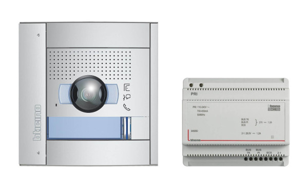 Bticino Video-Türsprechanlagen-Set, Flex ONE für 1-Familienhaus/2-Familienhaus, 2-Draht, SFERA Außenstelle: 135°/96° und LED beleuchtete Kamera, IP54, IK10 mit Klingeltrafo, 905230