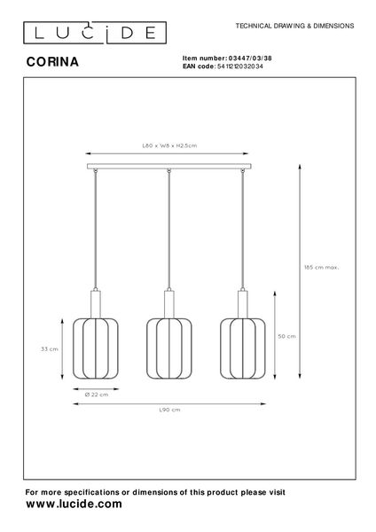 Lucide CORINA Pendelleuchte 3x E27 Beige 03447/03/38
