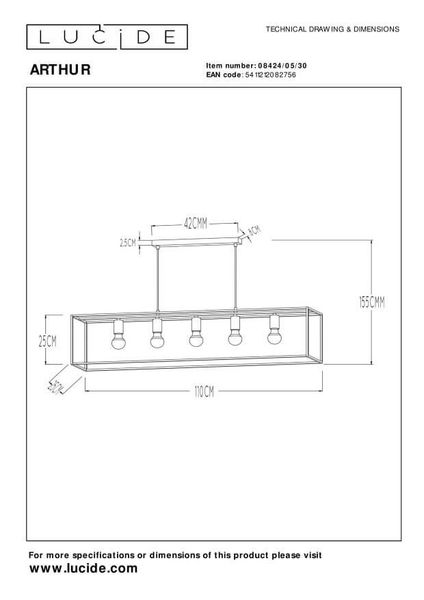 Lucide ARTHUR Pendelleuchte 5x E27 Schwarz, Kupfer 08424/05/30