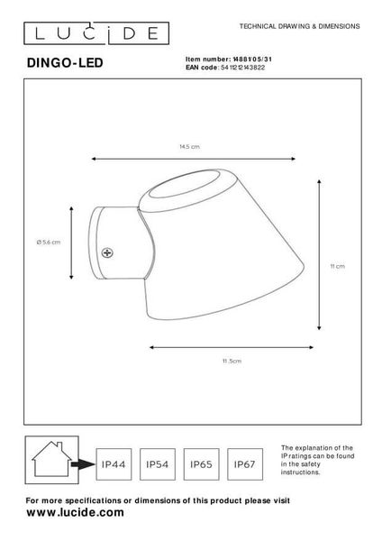 Lucide DINGO-LED LED Außen-Wandleuchte GU10 5W dimmbar Weiß IP44 14881/05/31