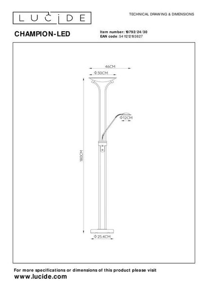Lucide CHAMPION-LED LED Stehleuchte 20W dimmbar mit flexiblem Lesearm Schwarz 19792/24/30