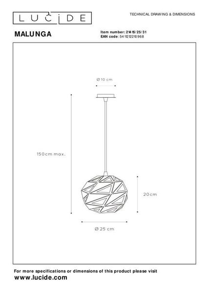Lucide MALUNGA Pendelleuchte E27 Weiß 21415/25/31