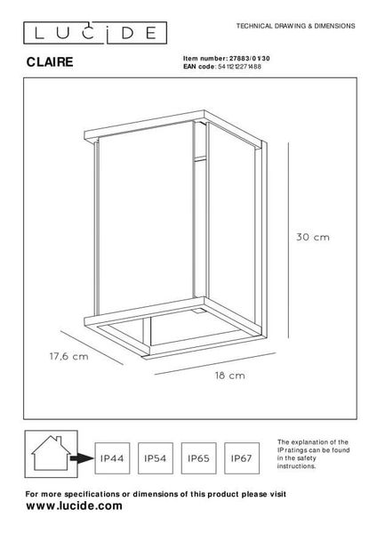Lucide CLAIRE Außen-Wandleuchte E27 Anthrazit IP54 27883/01/30