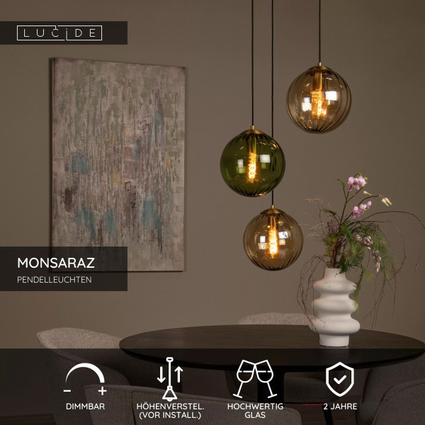 Lucide MONSARAZ Pendelleuchte 3x E27 Grün, Amber 45493/03/33