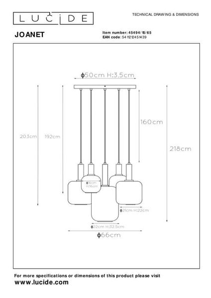 Lucide JOANET Pendelleuchte 5x E27 Rauchfarbe Grau, Mattes Gold, Messing 45494/15/65