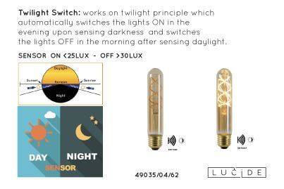 Lucide T32 TWILIGHT LED Filament Lampe E27 4W Amber Sensor 49035/04/62