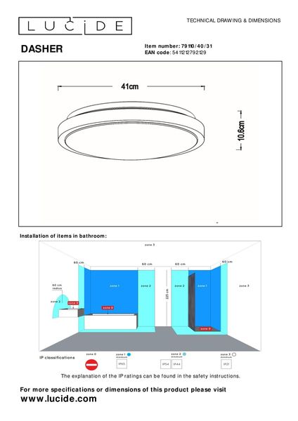 Lucide DASHER LED Deckenleuchte 24W Weiß, Opal Sensor IP44 79110/40/31