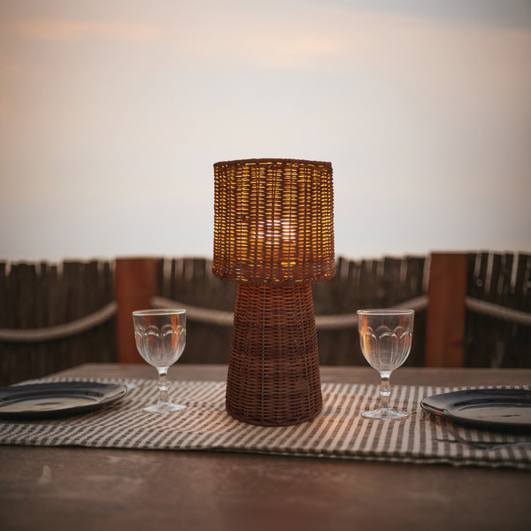 Newgarden Grace 40 Natur Akku Tischleuchte aus Rattan, warmweißes Licht, dimmbar, Fernbedienung