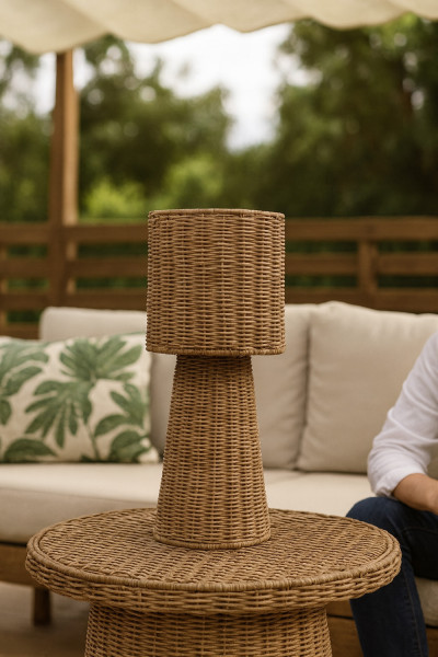 Newgarden Grace 40 Natur Akku Tischleuchte aus Rattan, warmweißes Licht, dimmbar, Fernbedienung