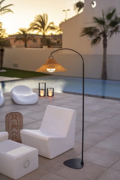 NewGarden NIZA 168 LED Stehleuchte Bogen-Leuchte kabellos Naturfaser + Akku, Controller Innen & Außen IP54