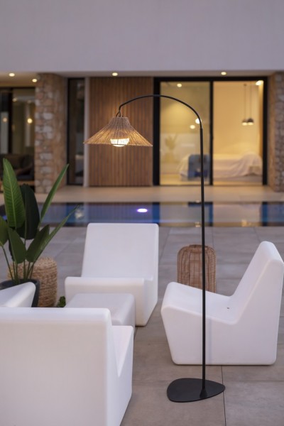 NewGarden NIZA 168 LED Stehleuchte Bogen-Leuchte kabellos Naturfaser + Akku, Controller Innen & Außen IP54