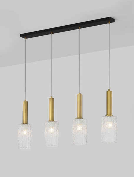 Nova Luce Pendelleuchte Certa 4-flammig 4xE27 Messinggold Schwarz Klar Glas Metall 90x12,5cm 9009275