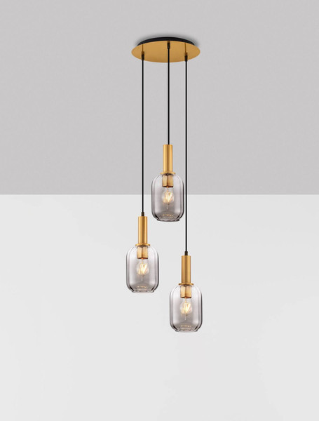 Nova Luce Pendelleuchte Maho 3-flammig 3xE27 Rauchgrau Messinggold Glas Metall Ø36cm 9236314