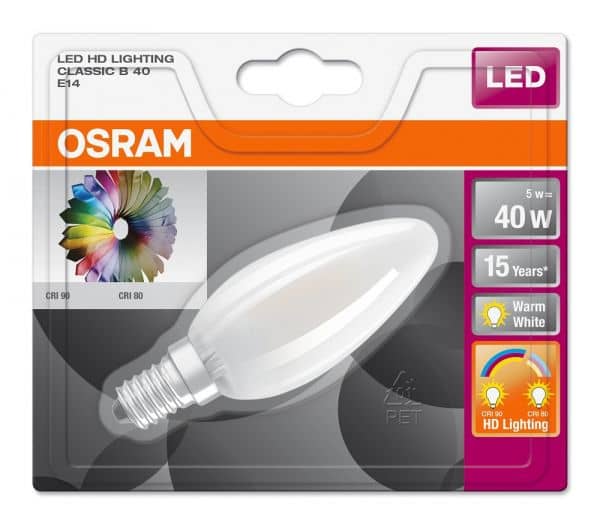 Osram HD Lighting LED Kerze E14 RA90 5W 470Lm warmweiss matt wie 40W Glühkerze