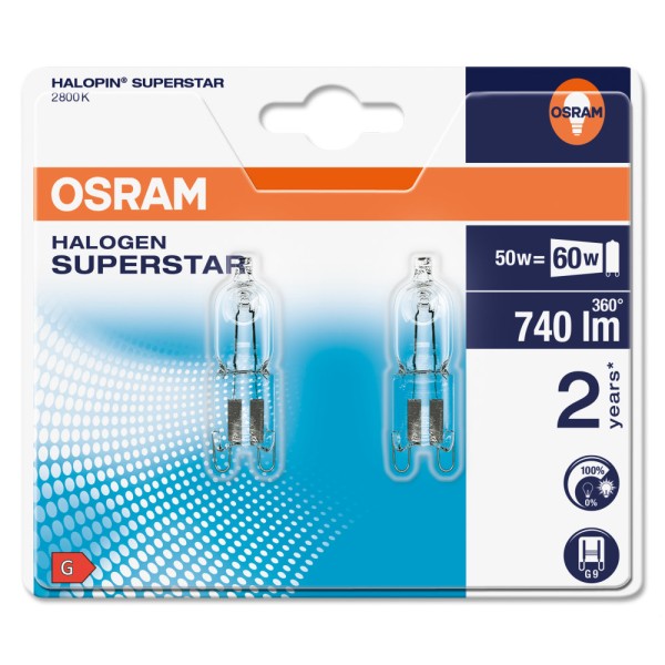 2er-Set Osram G9 Lampe Halopin Superstar 48W 740Lm Warmweiss 4052899195394