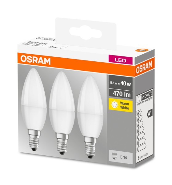 Osram 3er-Pack E14 LED Kerze Base Classic 5.5W 470Lm warmweiss wie 40W