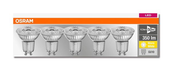 5er-Pack OSRAM BASE GU10 PAR16 LED Strahler 4,3W 350Lm 36° 2700K warmweiss wie 50W 4058075090460